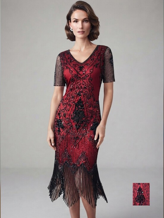 Sweetv Dresses & Skirts - New Women's Red And Black Beaded V-Neck Fringe Cocktail Summer Dress Medium